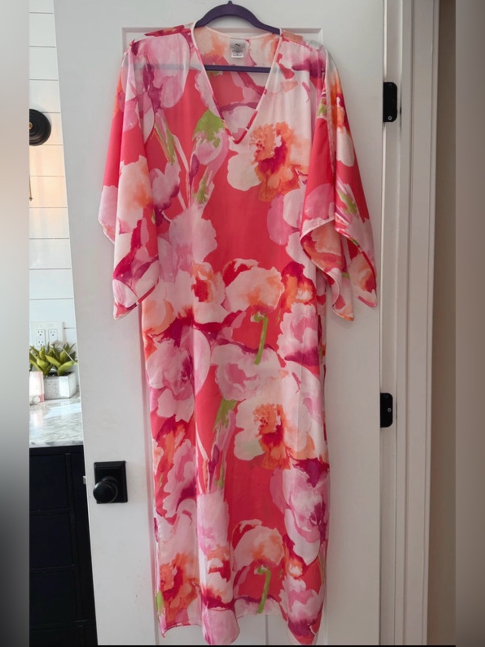 Natori Floral Printed Stretch Silky Satin Caftan